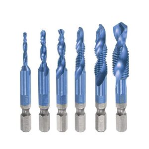 uxcell combination drill and tap bit set m3 m4 m5 m6 m8 m10 with 1/4" hex shank bluing high speed steel countersink bit spiral flute tapping tool 6pcs