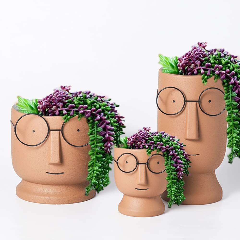 YLTTON Face Planters Pots,Terracotta Plant Pot Unglazed Modern Ceramic Human Face Succulent Head Planter Pot Indoor Clay Bonsai Containers with Drainage Holes/Saucer (5.12 inch-Terracotta)