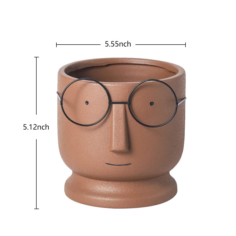 YLTTON Face Planters Pots,Terracotta Plant Pot Unglazed Modern Ceramic Human Face Succulent Head Planter Pot Indoor Clay Bonsai Containers with Drainage Holes/Saucer (5.12 inch-Terracotta)