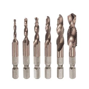 uxcell combination drill and tap bit set m3 m4 m5 m6 m8 m10 with 1/4" hex shank vacuum titanium coated high-speed steel countersink bit spiral flute tapping tool 6pcs