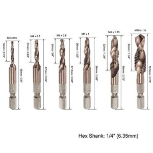 uxcell Combination Drill and Tap Bit Set M3 M4 M5 M6 M8 M10 with 1/4" Hex Shank Vacuum Titanium Coated High-Speed Steel Countersink Bit Spiral Flute Tapping Tool 6pcs