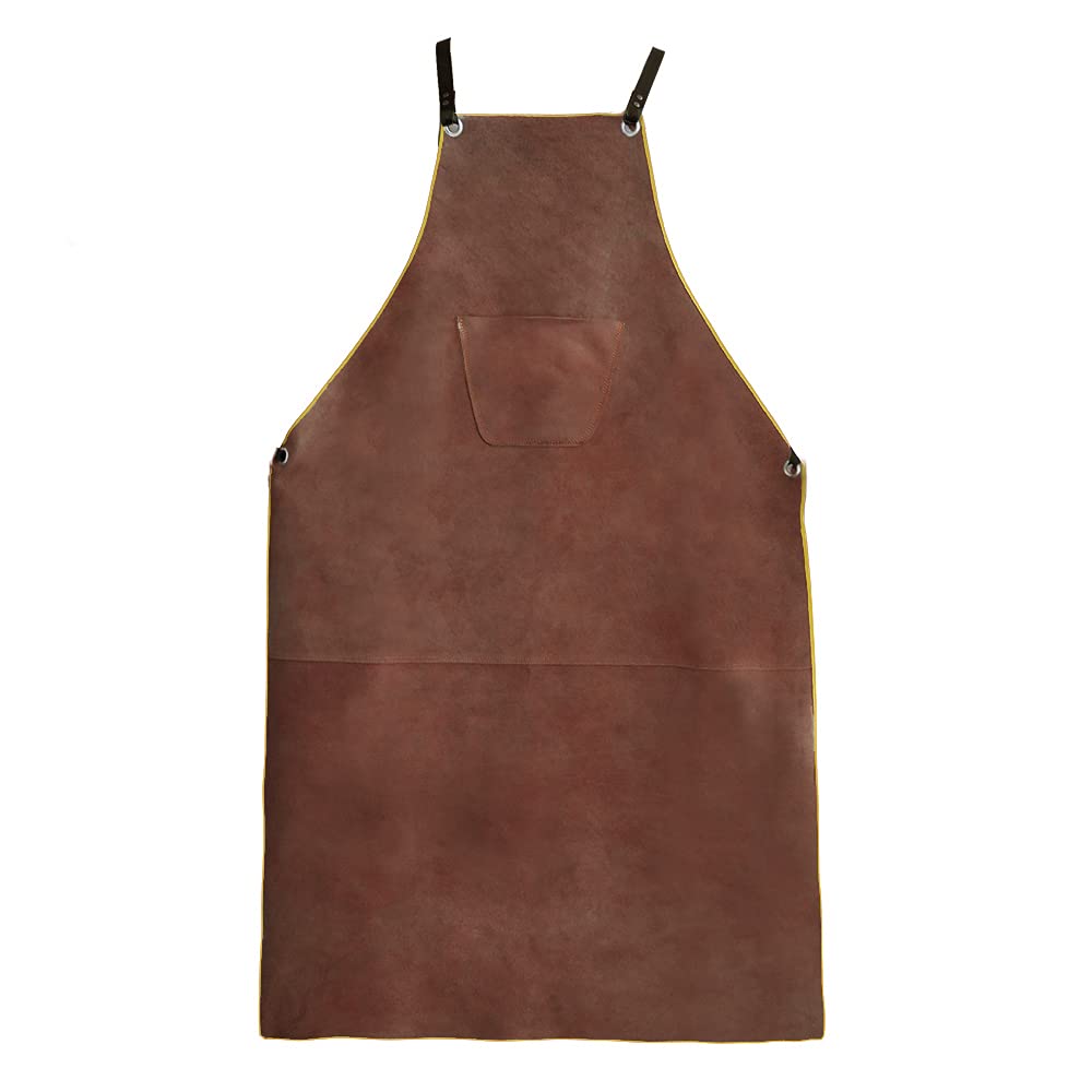 OLSON DEEPAK Leather Welding Work Apron - Heat Resistant & Flame Resistant Bib Apron, Flame Retardant Heavy Duty BBQ Apron, Adjustable One Size Fit Most - 31" X 45"Brown