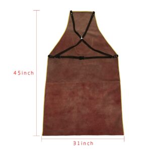 OLSON DEEPAK Leather Welding Work Apron - Heat Resistant & Flame Resistant Bib Apron, Flame Retardant Heavy Duty BBQ Apron, Adjustable One Size Fit Most - 31" X 45"Brown