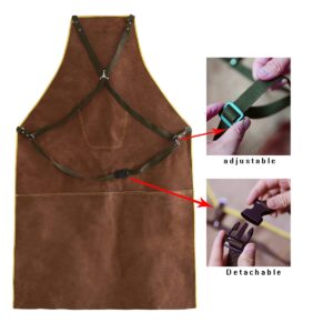 OLSON DEEPAK Leather Welding Work Apron - Heat Resistant & Flame Resistant Bib Apron, Flame Retardant Heavy Duty BBQ Apron, Adjustable One Size Fit Most - 31" X 45"Brown