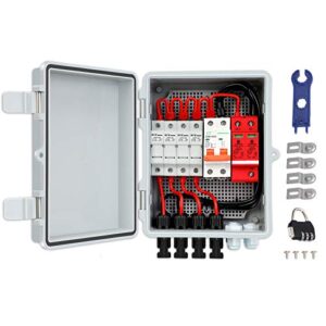 solar combiner box pv combiner box 4 string with15a rated current fuse solar dc breaker lightning arreste and solar connector for solar power systems10awg solar cable