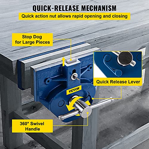 VEVOR Woodworking Vise, 9 Inch Woodworking Bench Vise Heavy-Duty Cast Iron Wood Working Vise, Quick Release Woodworker's Vise 10" Jaw Opening, Front Screw Vise for Woodworking, Cutting, and Drilling