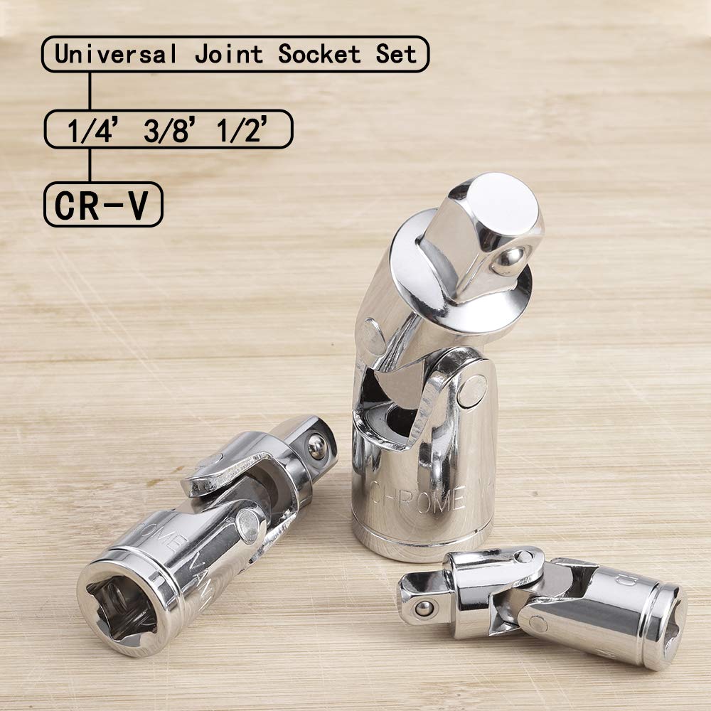 3PCS Universal Joint Socket Set, Chrome Vanadium Steel Swivel Socket Adapter Set, 1/4IN, 3/8IN, 1/2IN Drive Universal Joint Set