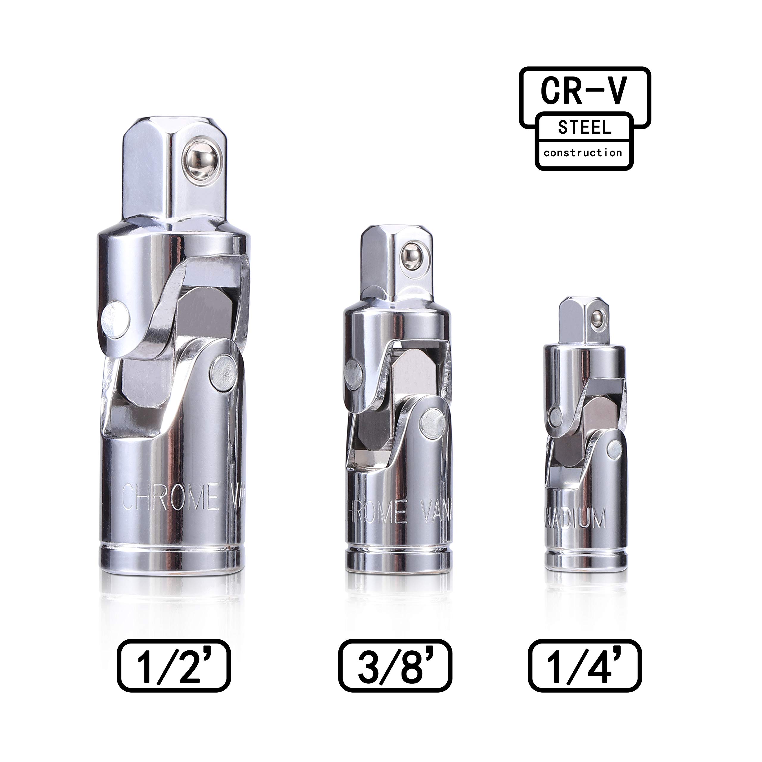 3PCS Universal Joint Socket Set, Chrome Vanadium Steel Swivel Socket Adapter Set, 1/4IN, 3/8IN, 1/2IN Drive Universal Joint Set