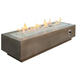 outdoor greatroom co propane fire pit table - cove gas fire pits for outside patio - 72 inch rectangular concrete firepit fire table, metal plate cover, tempered clear glass gems, 100,000 btu