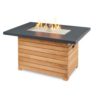 outdoor greatroom co propane fire pit table - darien gas fire pits for outside patio - 44 inch rectangular everblend concrete firepit fire table, wood base, glass tabletop cover, 55,000 btu - black