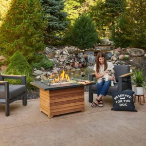 Outdoor GreatRoom Co Propane Fire Pit Table - Darien Gas Fire Pits for Outside Patio - 44 Inch Rectangular Everblend Concrete Firepit Fire Table, Wood Base, Glass Tabletop Cover, 55,000 BTU - Black