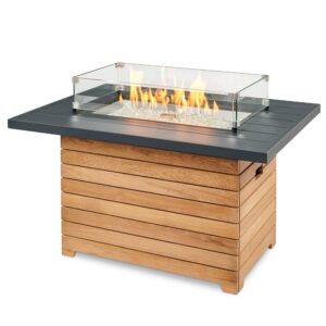 Outdoor GreatRoom Co Propane Fire Pit Table - Darien Gas Fire Pits for Outside Patio - 44 Inch Rectangular Everblend Concrete Firepit Fire Table, Wood Base, Glass Tabletop Cover, 55,000 BTU - Black