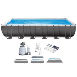 intex ultra xtr frame 24' x 12' x 52" above ground swimming pool set with sand filter pump, pool cover, ladder, and protective sun canopy attachment
