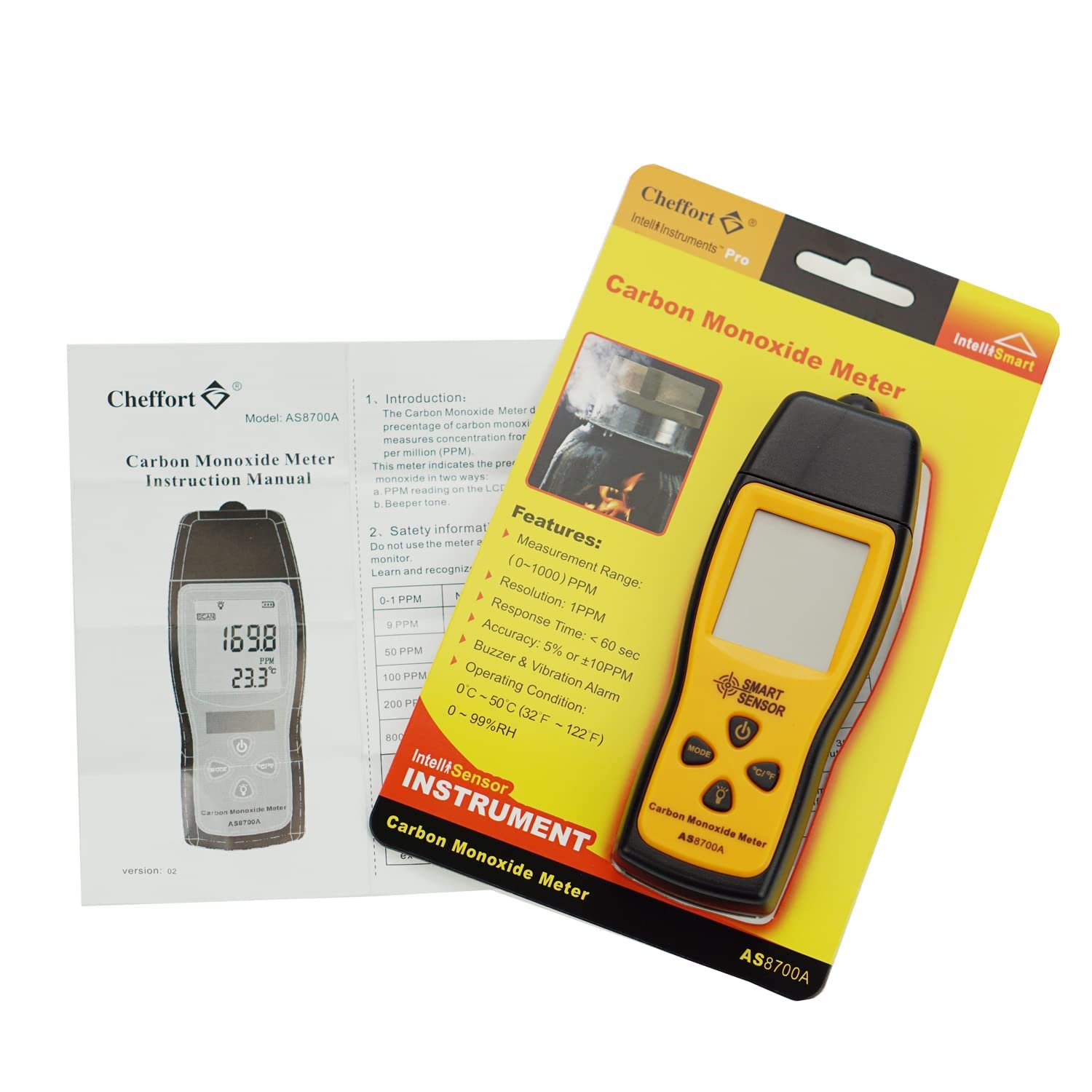 Cheffort Handheld Carbon Monoxide Meter, Portable Carbon Monoxide Detector, Professional-Grade CO Gas Tester with LCD Backlit Display, 0-1000PPM Range for Industrial and Home (Battery Not Included)