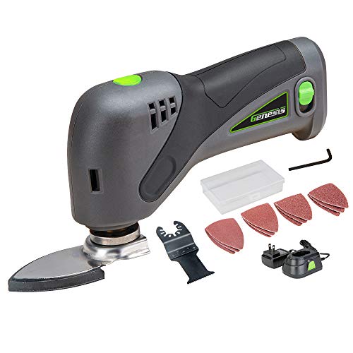 8V Lithium-Ion Cordless Oscillating Tool with Rechargeable Battery, Charger, 30mm Flush Cut Blade, Detail Sanding Pad, and 12 piece sandpaper assortment and Accessory Storage Box