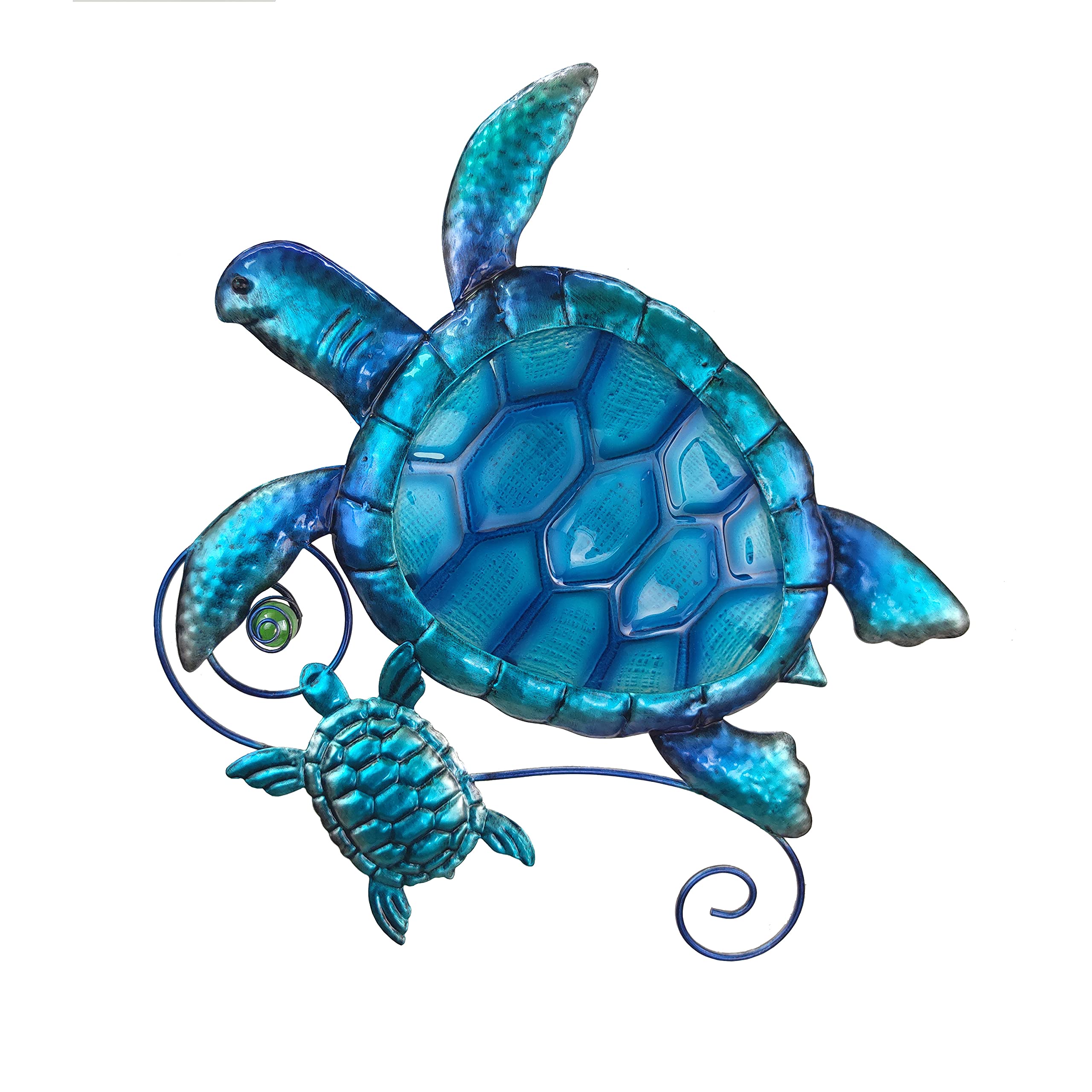 JOYBee Metal Sea Turtle Wall art Decor Outdoor Indoor Nautical Hanging Art Blue Green Stained Glass Decorative Sculpture for Garden Pool Patio Balcony Kitchen or Bathroom(12.5 * 11inch)