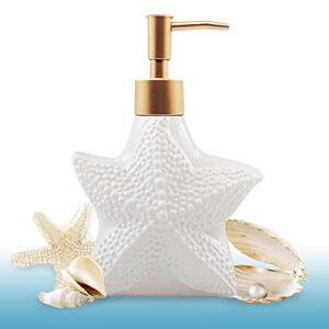 starfish-shaped soap dispenser, white ceramic lotion bottle with noble golden matte pump, ocean themed décor for kitchen sink or bathroom
