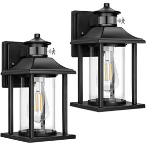 2-pack motion sensor outdoor wall lanterns, waterproof dusk to dawn outdoor wall sconces, motion activated patio wall light fixtures, clear glass porch lights wall mount for entryway doorway garage