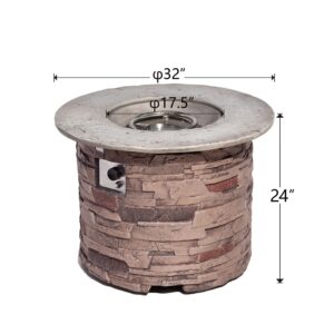 COSIEST Outdoor Propane Concrete Fire Pit Table w Imitation Stone Surface 32-inch Round Fire Table, 40,000 BTU Stainless Steel Burner, Free Lava Rocks, Fits 20lb Tank Inside