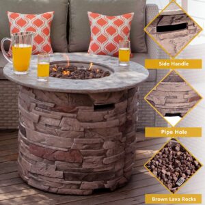 COSIEST Outdoor Propane Concrete Fire Pit Table w Imitation Stone Surface 32-inch Round Fire Table, 40,000 BTU Stainless Steel Burner, Free Lava Rocks, Fits 20lb Tank Inside