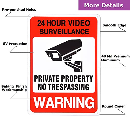 Olodeer 4 Pack Private Property No Trespassing Warning Sign,10x7 Inches 0.4 Aluminum Anti-Rust, 24 Hours Video Surveillance Warning Signs Outdoor Use