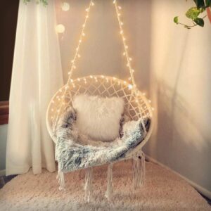 hanging chair for bedroom hammock chair swing with lights and hardware kits holds up to 550lbs macrame swing chair hanging cotton rope swing chair for bedroom, patio, deck, garden and porch-kashan