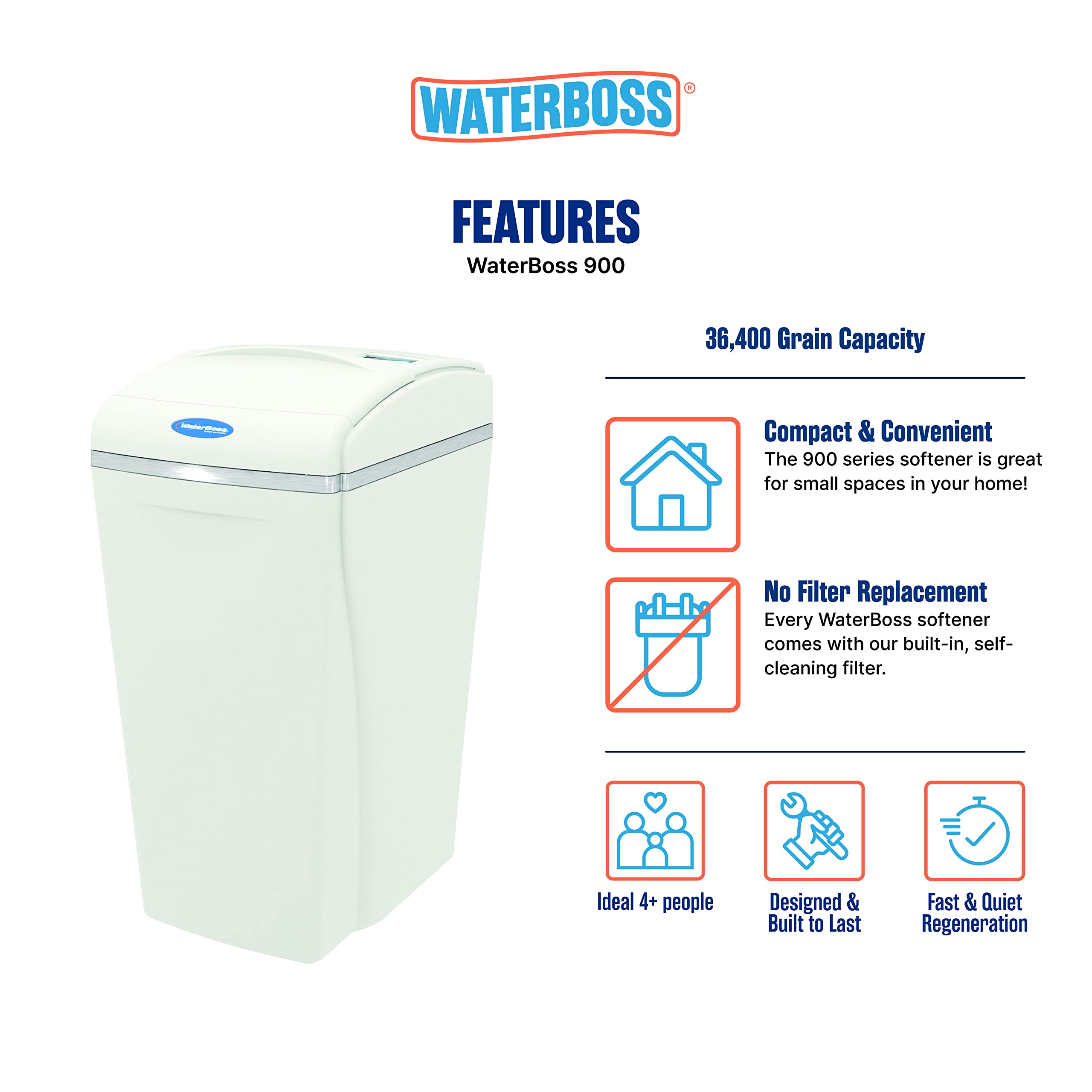 WaterBoss Water Softener System for Whole Home (36,400 Grain) - Filters Iron, Calcium, Ferrous Iron, Dirt and Sediment - Whole House Softening Using Less Salt - Model 900