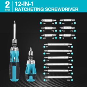 DURATECH 2PCs Ratcheting Screwdriver Set, 12-in-1 Multi-bit Standard/Stubby Screw Driver Set, Premium S2 Steel, Innovated Bits Quick-Load Mechanism, with Phillips, Slotted, Torx, Square Bits