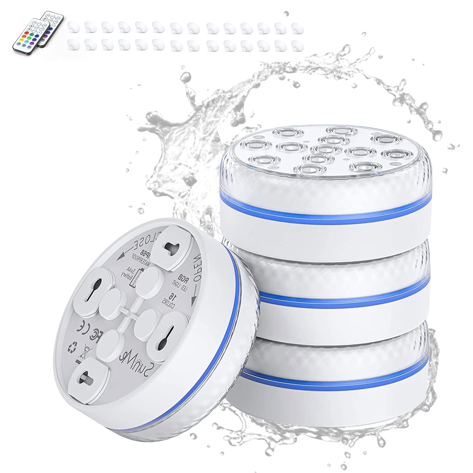 Submersible LED Lights with Magnet, IP68 Waterproof Underwater Pool Led Lights with 13 LEDs, 4 Suction Cups and 164FT/50M RF Remote, Battery Operated with 16 Color Changing Shower Lights (4-Pack)