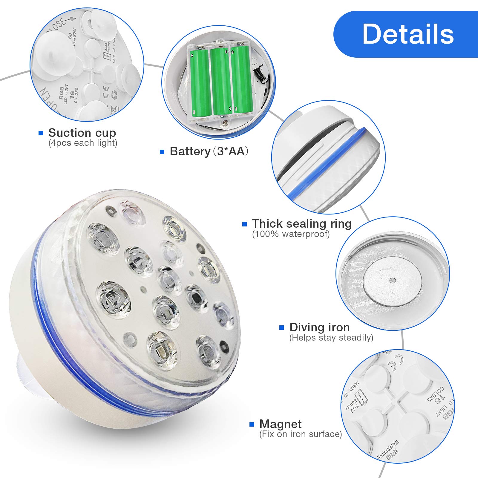 Submersible LED Lights with Magnet, IP68 Waterproof Underwater Pool Led Lights with 13 LEDs, 4 Suction Cups and 164FT/50M RF Remote, Battery Operated with 16 Color Changing Shower Lights (4-Pack)