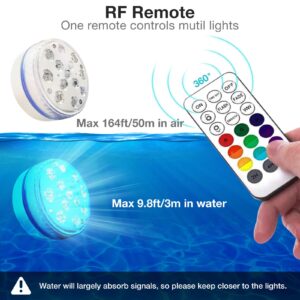 Submersible LED Lights with Magnet, IP68 Waterproof Underwater Pool Led Lights with 13 LEDs, 4 Suction Cups and 164FT/50M RF Remote, Battery Operated with 16 Color Changing Shower Lights (4-Pack)