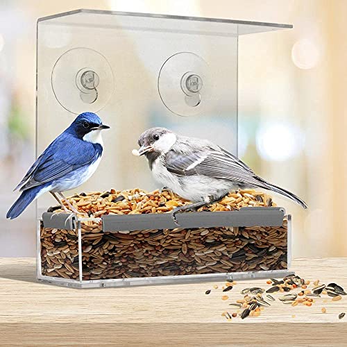 Window Bird Feeder 2 Pack, Bird House for Outside, Window Bird Feeder with Strong Suction Cups and Removable Seed Tray with Drain Holes. Outdoors Birdfeeder for Wild Birds, Cardinal, Bluebird