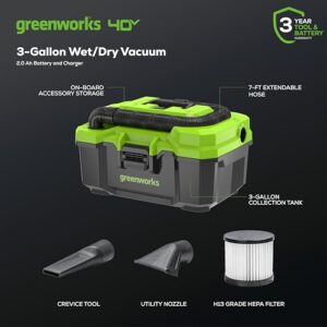 Greenworks 40V (3 Gallon) Cordless Wet / Dry Shop Vacuum + Accessories, Tool Only