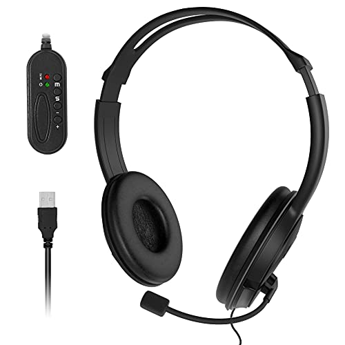 Maxshop USB Computer Headset with Microphone, Comfort-fit Office Computer Headphone with On-Line Volume Control, Over-The-Head Headset for Webinar Laptop Call Center Students Online Study