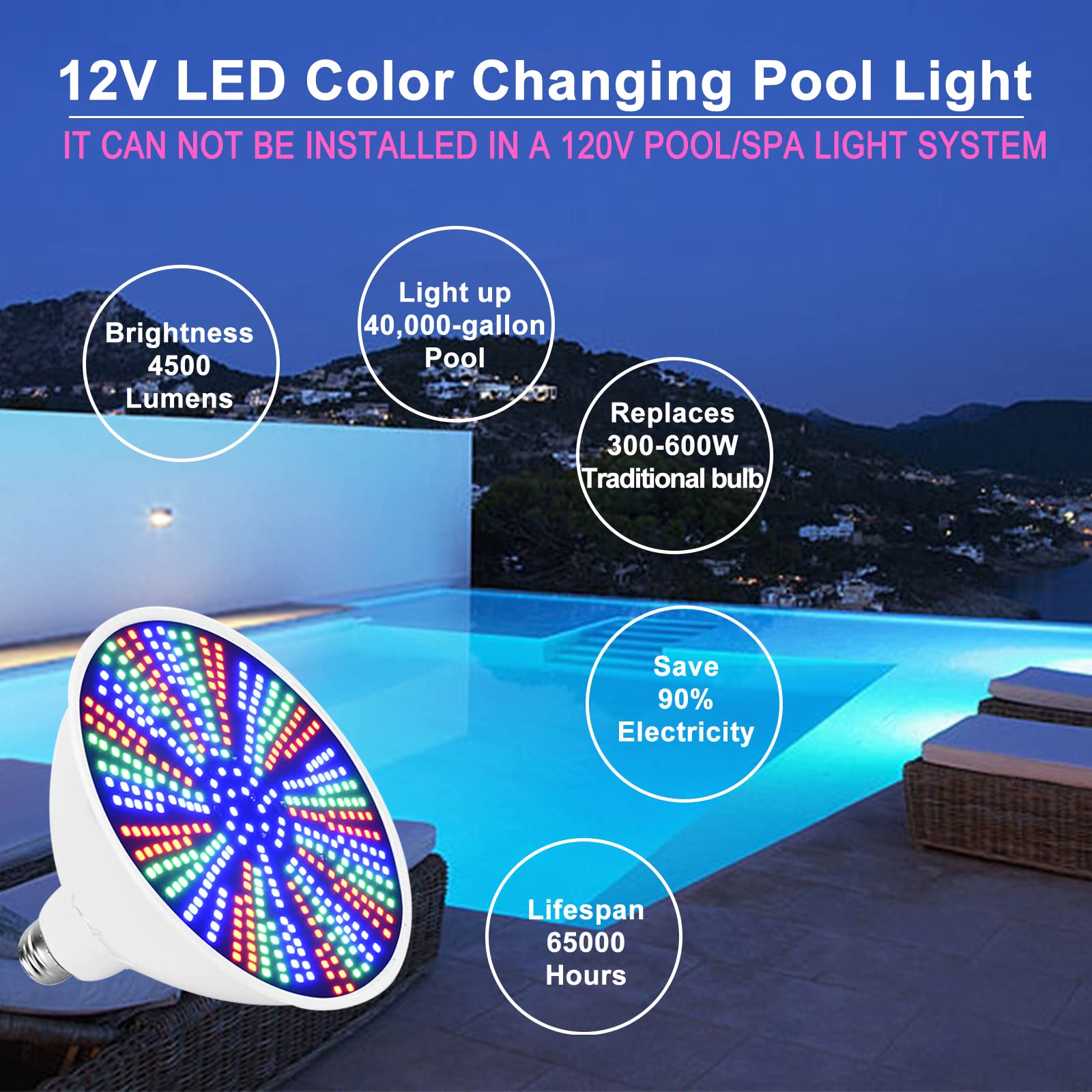 Cynlink 12V 40W LED Color Changing Pool Lights for Inground Pool, Swimming Pool Light Bulb with Remote, E26 Replacement Underwater Pool Lighting for Pentair and Hayward Light Fixtures