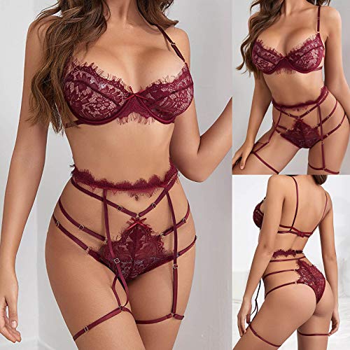 wodceeke Women's Lace Sling Sexy Split Plus Size Lingerie Perspective Embroidered Pajamas Bandage Bodysuit With Garter (Wine, S)