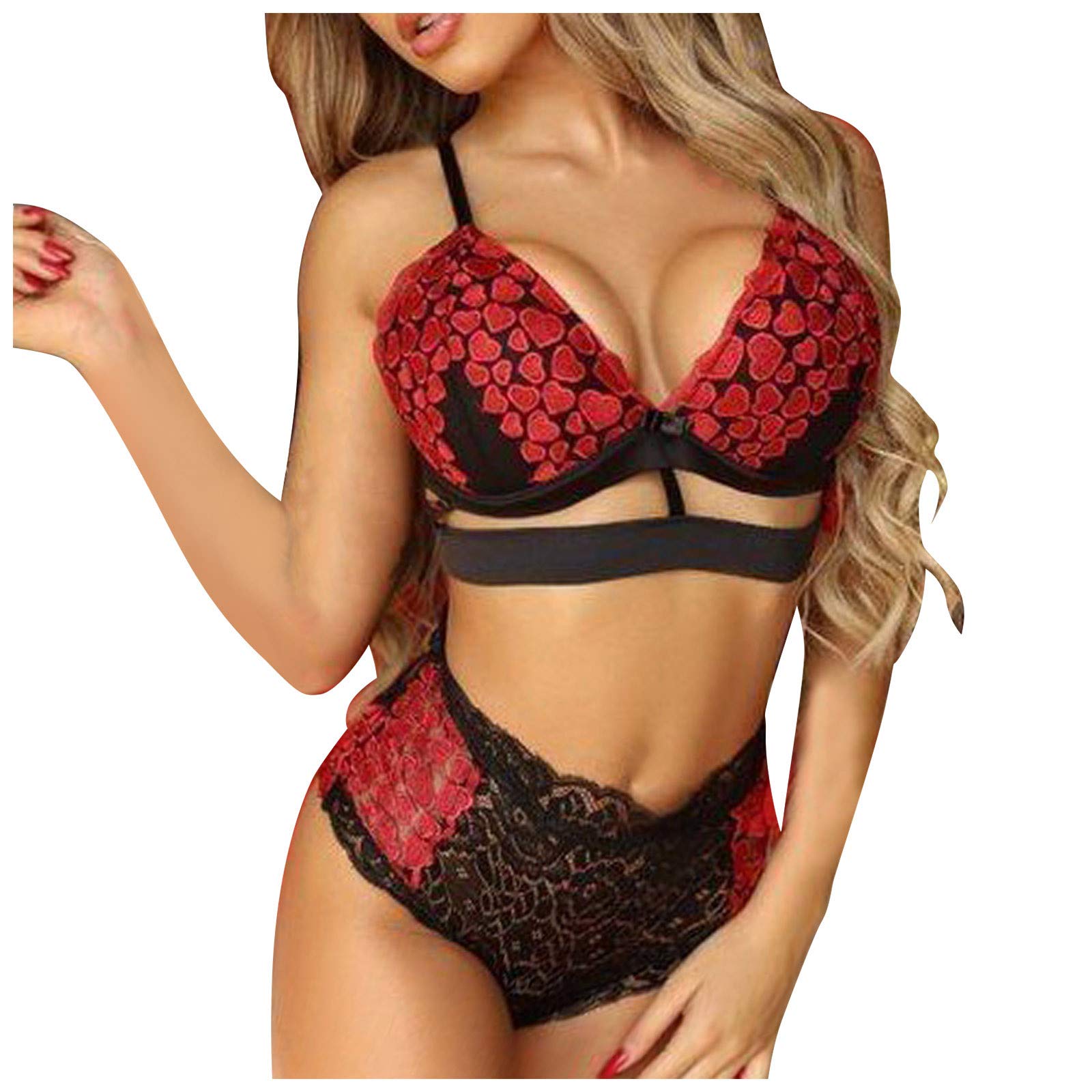 wodceeke Sexy Breast wrap Lace Split Plus Size Lingerie For Women Perspective Embroidered Print mesh Bodysuit Pajamas (Red, L)