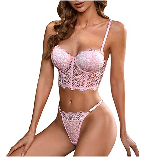 wodceeke Women Sexy Suspender Lace Split Plus Size Lingerie Embroidered Slim breast wrap Pajamas Bodysuit (Pink, M)