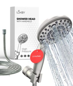 lokby water saving high pressure shower head with handheld set - detachable rain shower head set 6-mode for low flow - removable hand held shower head with hose 59'' - no tool 1-min install - nickel