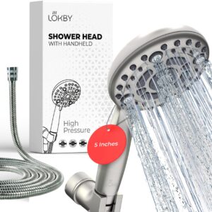 LOKBY Water Saving High Pressure Shower Head with Handheld Set - Detachable Rain Shower Head Set 6-Mode for Low Flow - Removable Hand Held Shower Head with Hose 59'' - No Tool 1-Min Install - Nickel