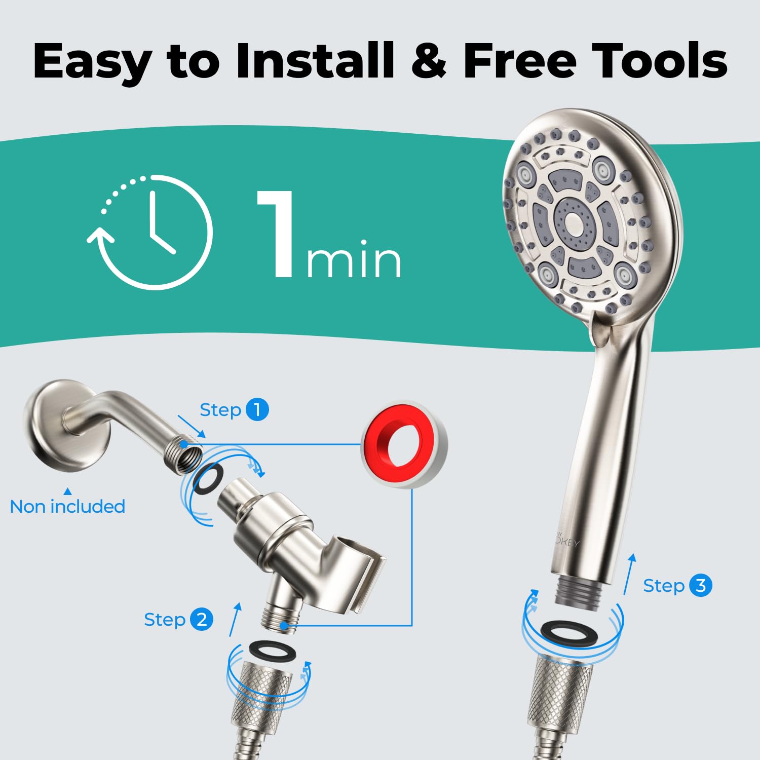 LOKBY Water Saving High Pressure Shower Head with Handheld Set - Detachable Rain Shower Head Set 6-Mode for Low Flow - Removable Hand Held Shower Head with Hose 59'' - No Tool 1-Min Install - Nickel