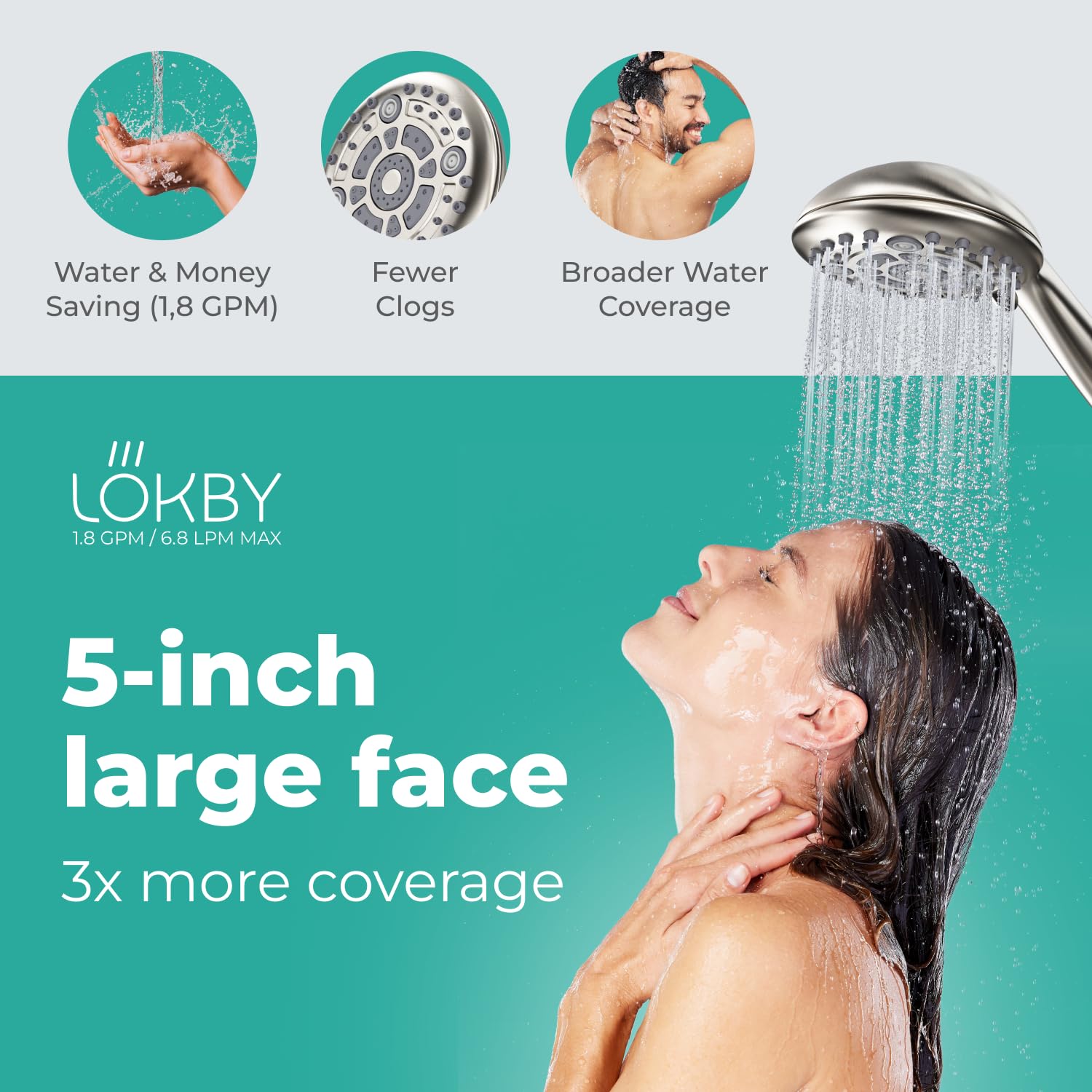 LOKBY Water Saving High Pressure Shower Head with Handheld Set - Detachable Rain Shower Head Set 6-Mode for Low Flow - Removable Hand Held Shower Head with Hose 59'' - No Tool 1-Min Install - Nickel