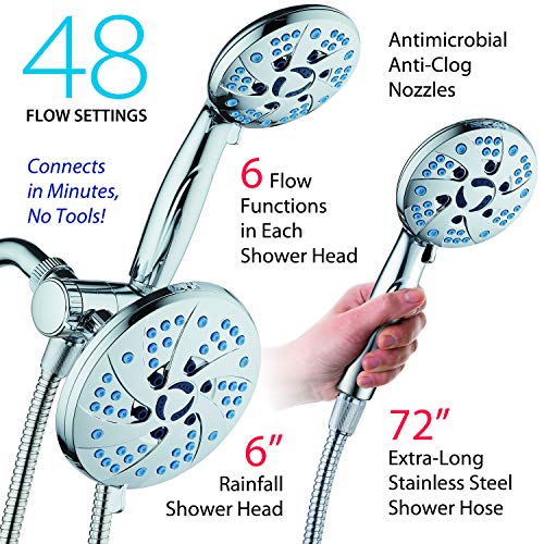 AquaCare Spa Station High Pressure 48-mode 3-way Rainfall & Handheld Shower Head Combo - Anti-Clog Nozzles, Extra-Long 6 ft Stainless Steel Hose, 2nd Wall Bracket/All Chrome Finish