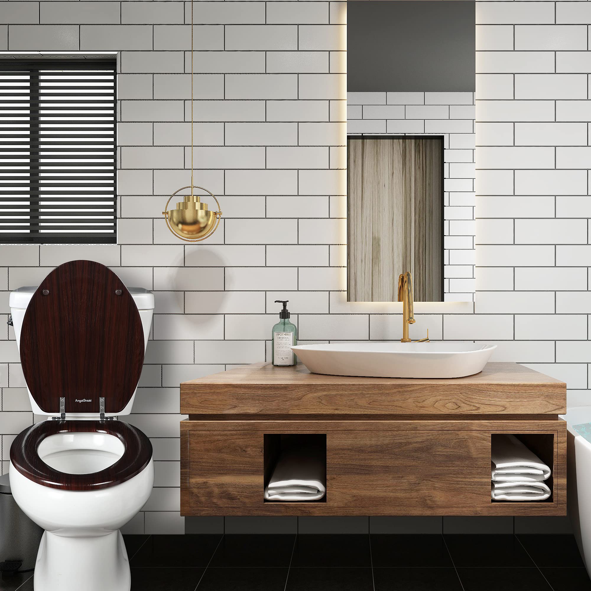 Elongated Toilet Seat Molded Wood Toilet Seat with Zinc Alloy Hinges, Easy to Install also Easy to Clean, Anti-pinch Wooden Toilet Seat by Angol Shiold (Elongated, Dark Brown)