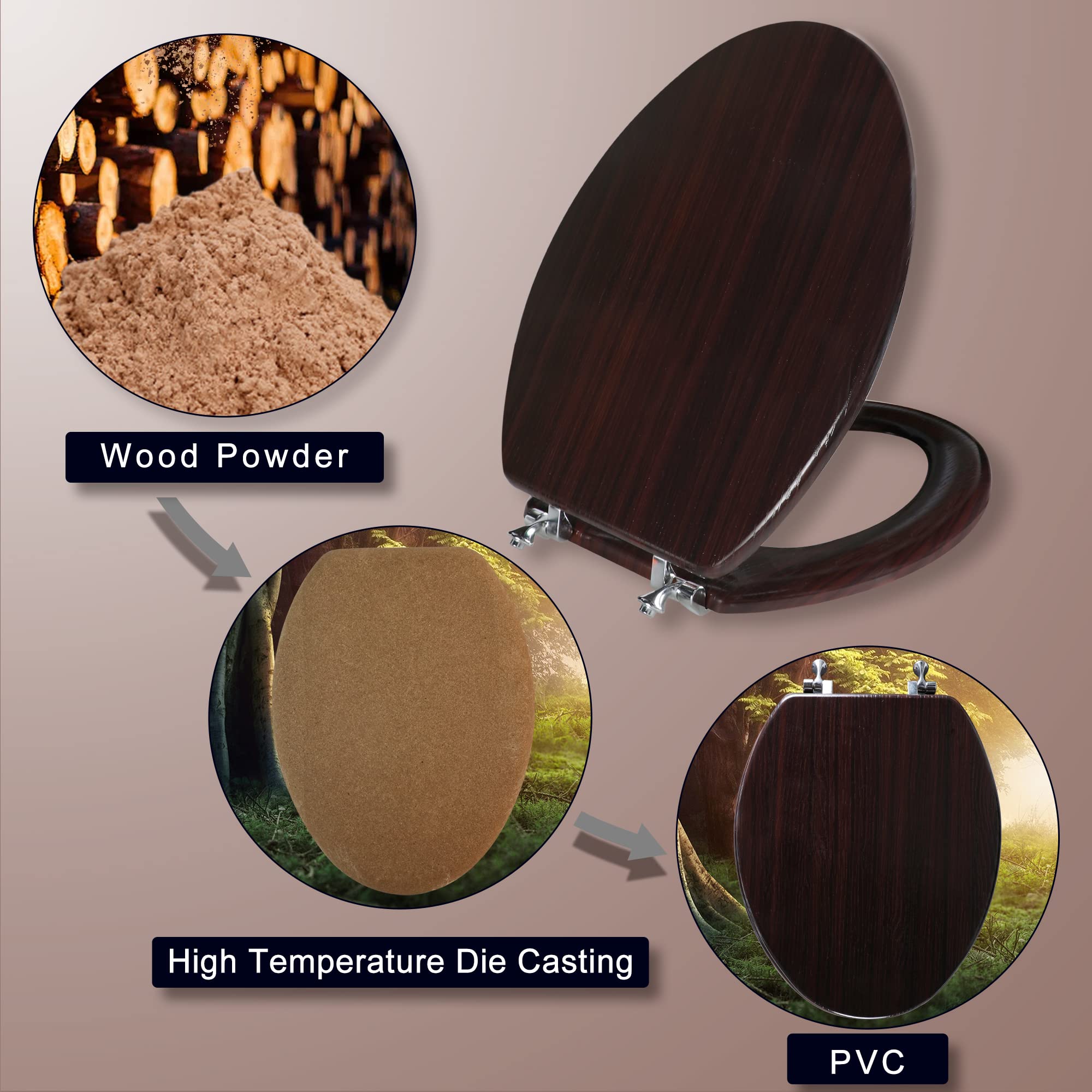 Elongated Toilet Seat Molded Wood Toilet Seat with Zinc Alloy Hinges, Easy to Install also Easy to Clean, Anti-pinch Wooden Toilet Seat by Angol Shiold (Elongated, Dark Brown)