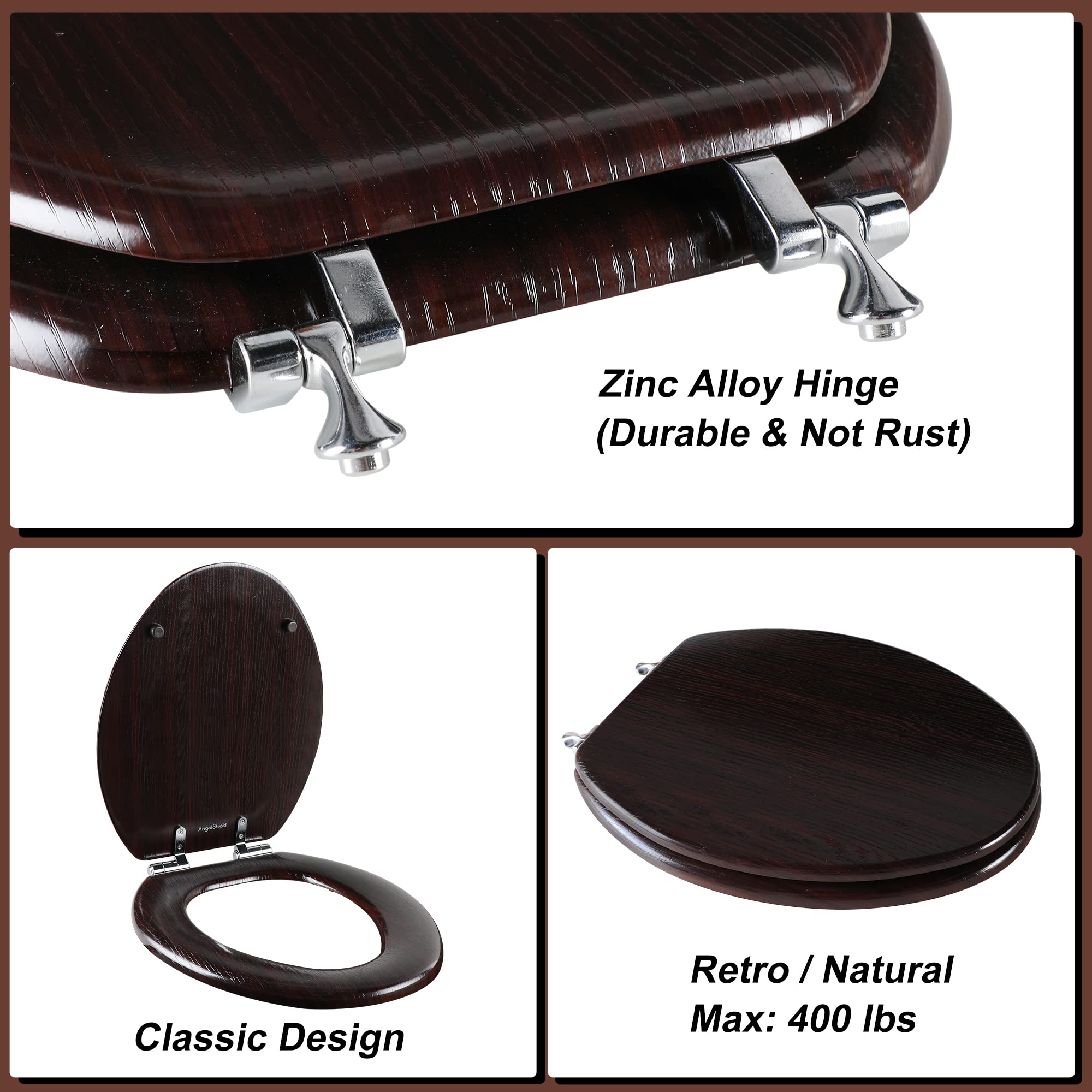 Elongated Toilet Seat Molded Wood Toilet Seat with Zinc Alloy Hinges, Easy to Install also Easy to Clean, Anti-pinch Wooden Toilet Seat by Angol Shiold (Elongated, Dark Brown)