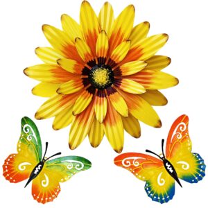 meduofon metal flowers wall decor and butterfly wall art, 3 pcs metal outdoor fence art sculptures for indoor outside garden patio wall decorations (yellow&green)