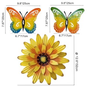 Meduofon Metal Flowers Wall Decor and Butterfly Wall Art, 3 PCS Metal Outdoor Fence Art Sculptures for Indoor Outside Garden Patio Wall Decorations (Yellow&Green)