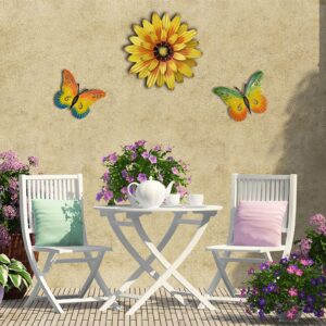 Meduofon Metal Flowers Wall Decor and Butterfly Wall Art, 3 PCS Metal Outdoor Fence Art Sculptures for Indoor Outside Garden Patio Wall Decorations (Yellow&Green)