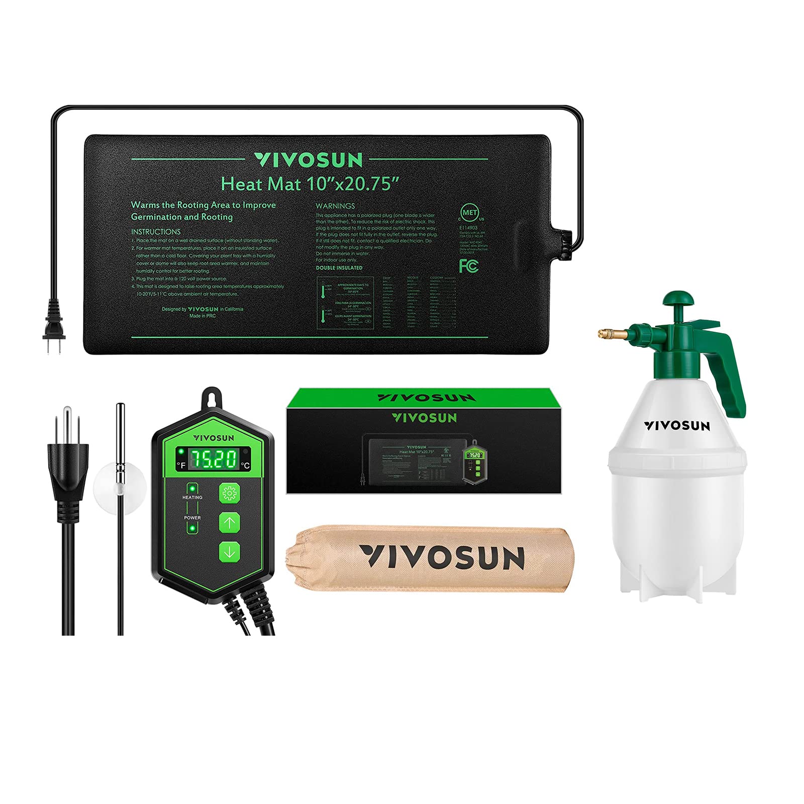 VIVOSUN 10"x20.75" Seedling Heat Mat and Digital Thermostat Combo Set, 0.2Gallon Hand held Garden Sprayer 0.8L Green